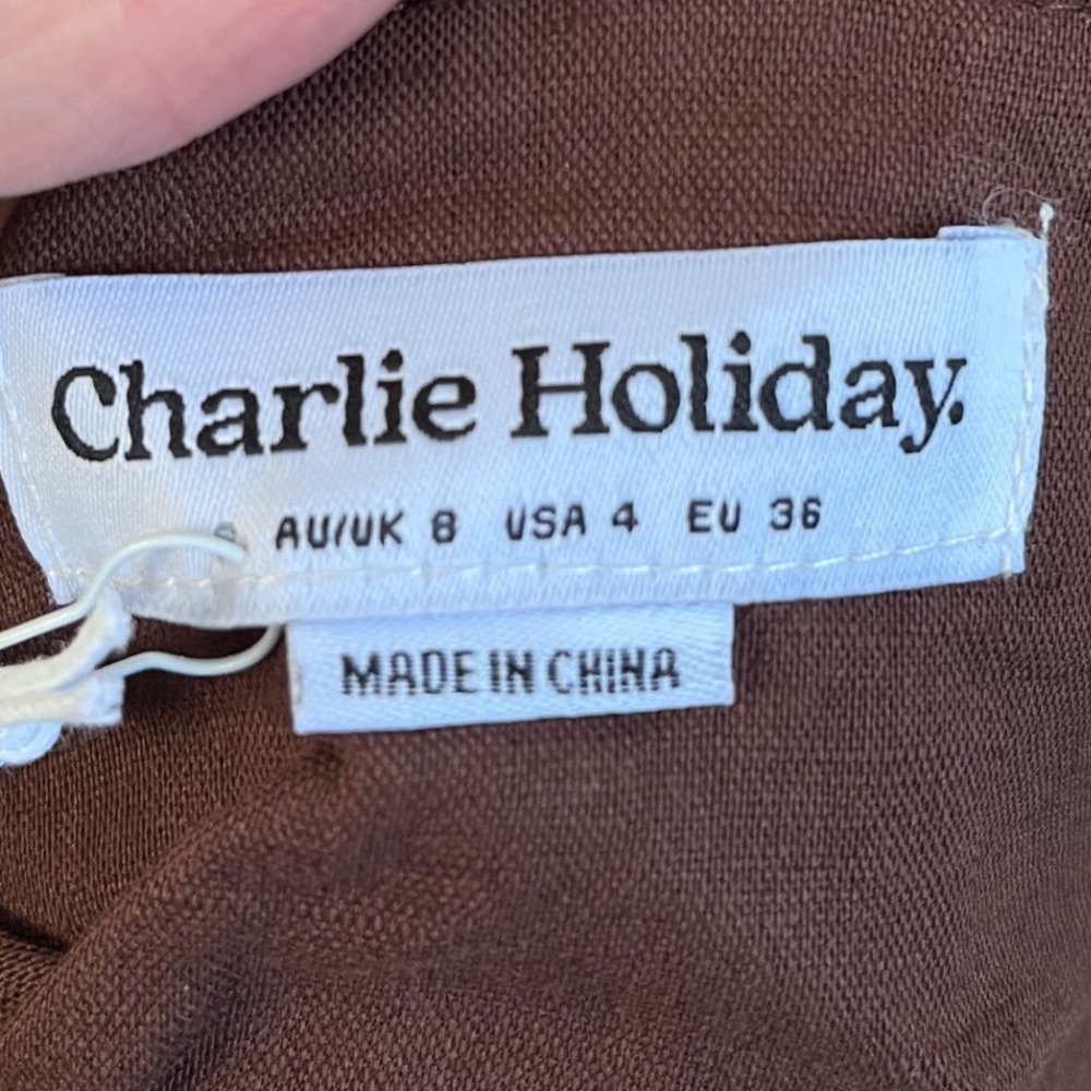 Charlie Holiday Diana Chocolate Brown Linen Blend Smocked Bow Crop Top S (4) NEW - Picture 9 of 10